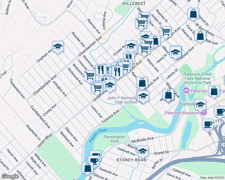 map of restaurants, bars, coffee shops, grocery stores, and more near 216 Union Avenue in Paterson