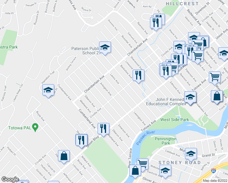 map of restaurants, bars, coffee shops, grocery stores, and more near 185 Lexington Avenue in Paterson