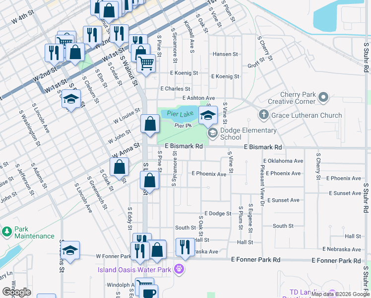 map of restaurants, bars, coffee shops, grocery stores, and more near 200-298 E Bismark Rd in Grand Island