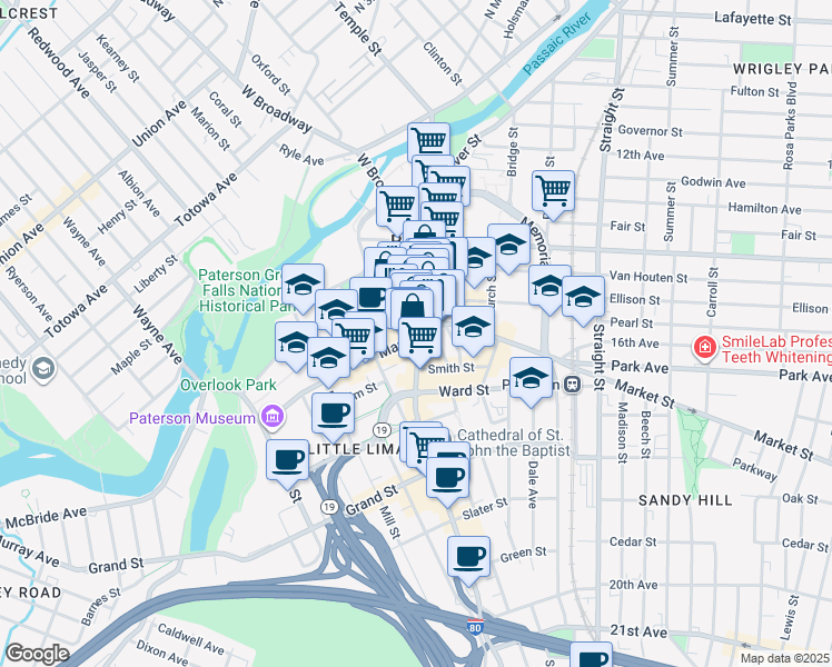 map of restaurants, bars, coffee shops, grocery stores, and more near 216 Main Street in Paterson