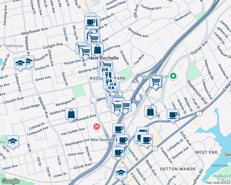 map of restaurants, bars, coffee shops, grocery stores, and more near 420 North Avenue in New Rochelle