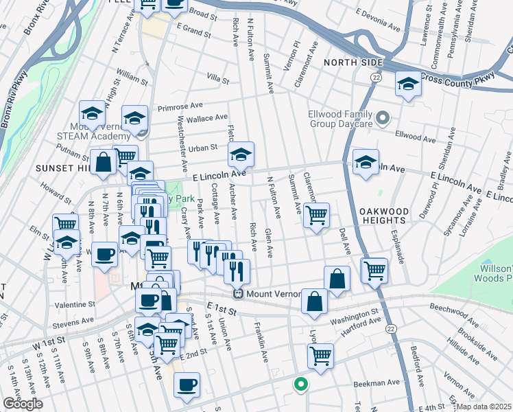 map of restaurants, bars, coffee shops, grocery stores, and more near 170 Rich Avenue in Mount Vernon