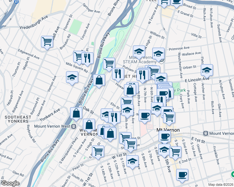 map of restaurants, bars, coffee shops, grocery stores, and more near 26 Howard Street in Mount Vernon