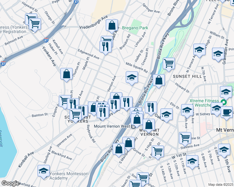 map of restaurants, bars, coffee shops, grocery stores, and more near 7 Crestmont Avenue in Yonkers
