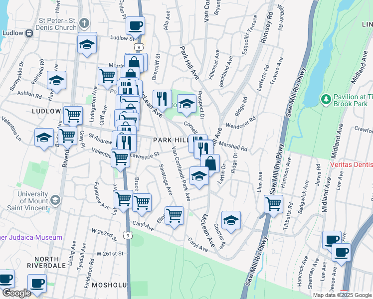 map of restaurants, bars, coffee shops, grocery stores, and more near 117 McLean Avenue in Yonkers