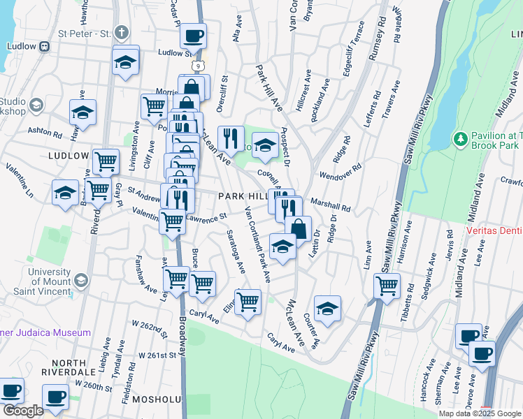 map of restaurants, bars, coffee shops, grocery stores, and more near 117 McLean Avenue in Yonkers
