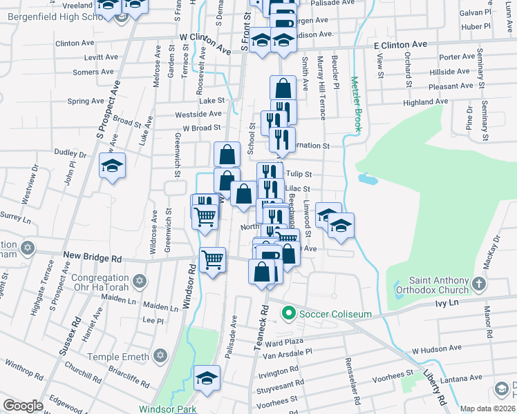 map of restaurants, bars, coffee shops, grocery stores, and more near 18 Hill Place in Bergenfield