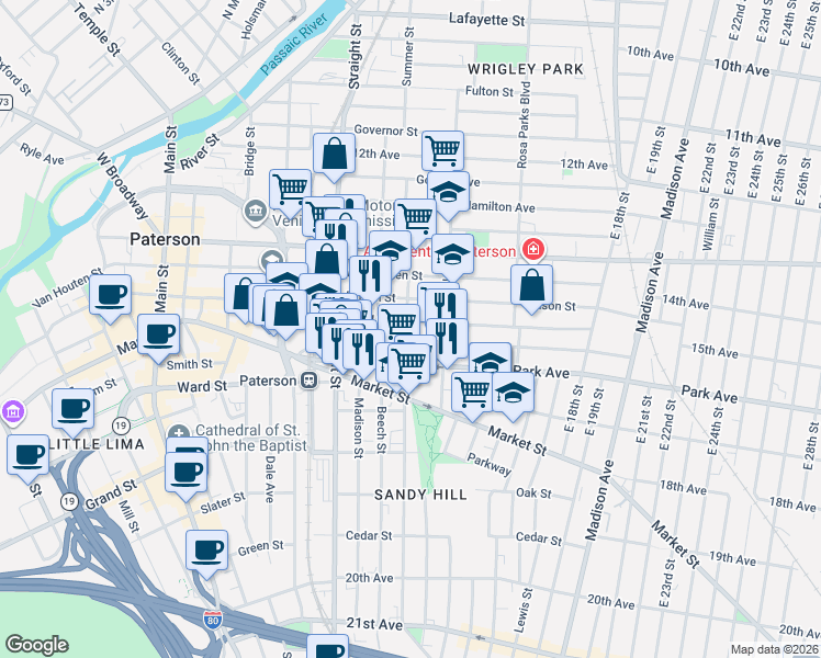 map of restaurants, bars, coffee shops, grocery stores, and more near in Paterson