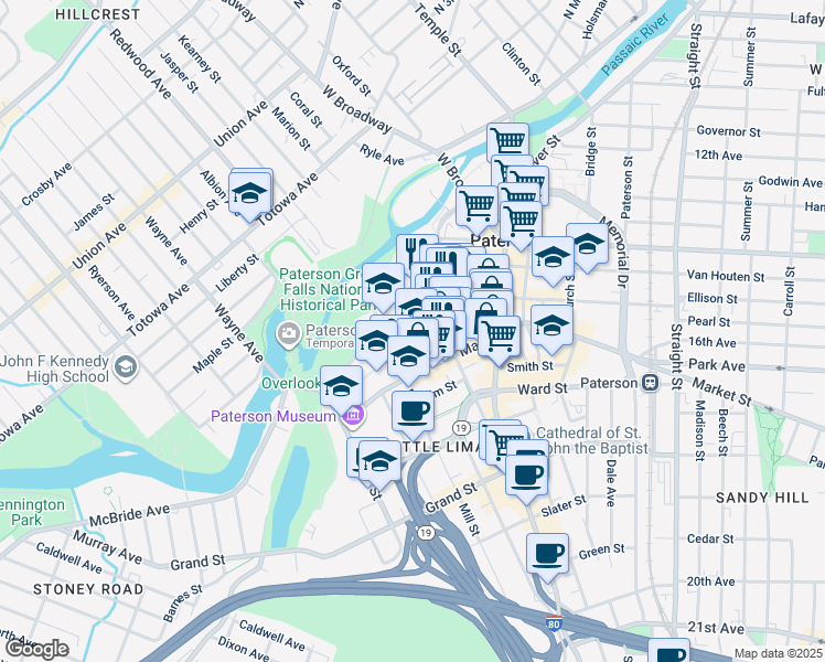 map of restaurants, bars, coffee shops, grocery stores, and more near 31 Ellison Street in Paterson