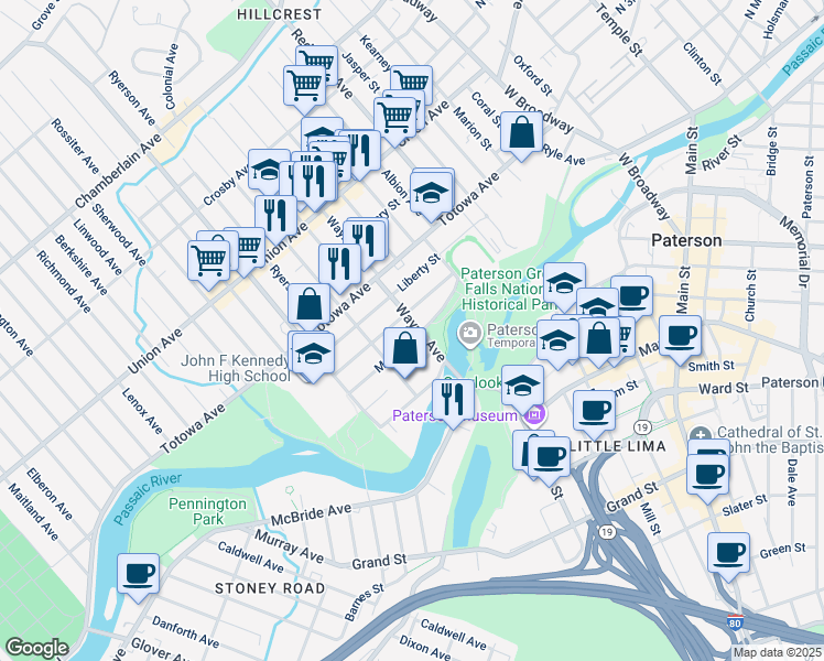 map of restaurants, bars, coffee shops, grocery stores, and more near 58 Wayne Avenue in Paterson