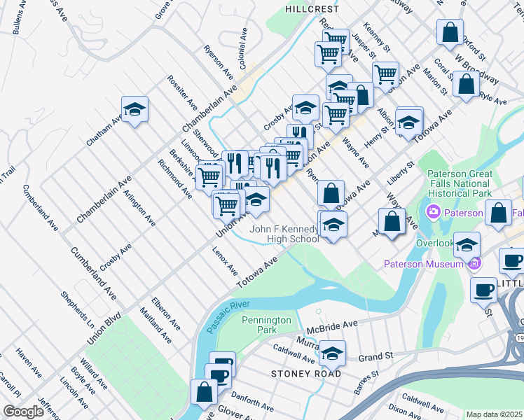 map of restaurants, bars, coffee shops, grocery stores, and more near 63 Rossiter Avenue in Paterson