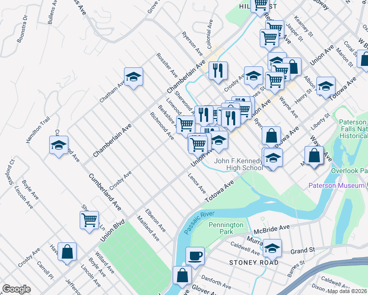 map of restaurants, bars, coffee shops, grocery stores, and more near 162-164 Crosby Avenue in Paterson