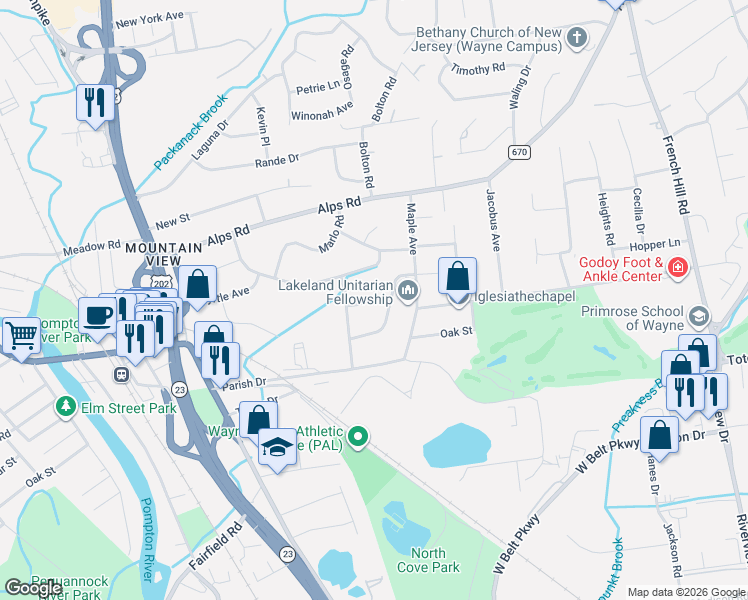 map of restaurants, bars, coffee shops, grocery stores, and more near 70 Brandon Avenue in Wayne