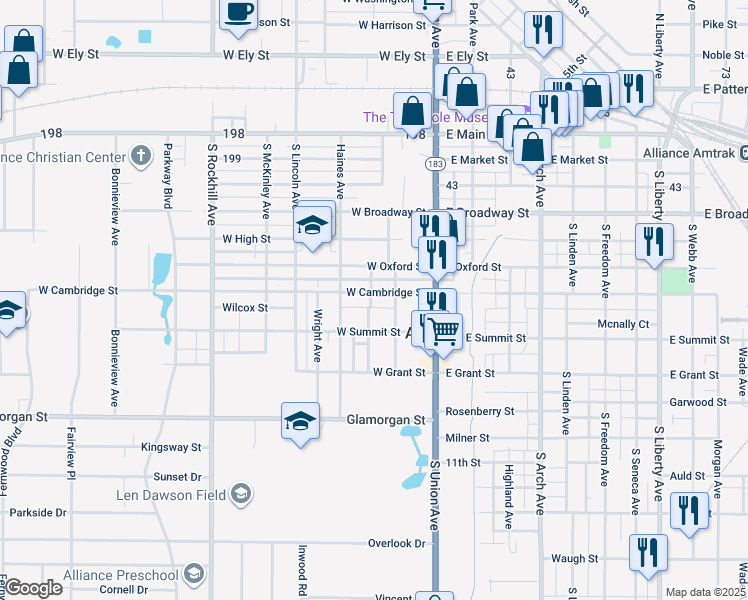 map of restaurants, bars, coffee shops, grocery stores, and more near 115 West Cambridge Street in Alliance