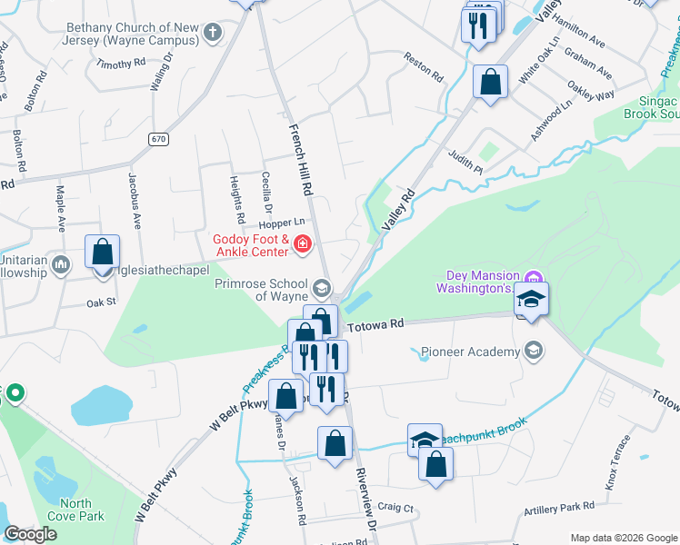 map of restaurants, bars, coffee shops, grocery stores, and more near 19 Black Briar Lane in Wayne