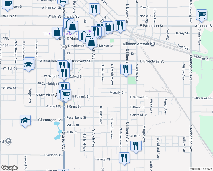 map of restaurants, bars, coffee shops, grocery stores, and more near 441 East Cambridge Street in Alliance