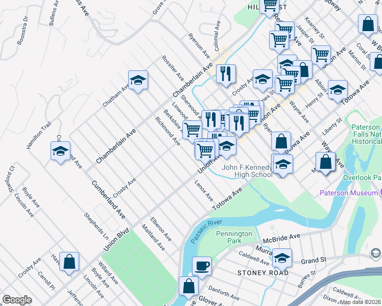 map of restaurants, bars, coffee shops, grocery stores, and more near 118 Berkshire Avenue in Paterson