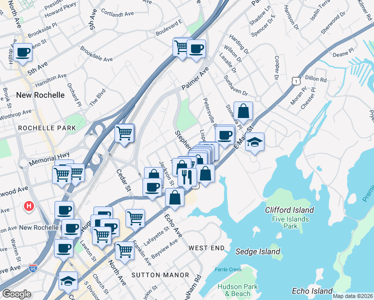 map of restaurants, bars, coffee shops, grocery stores, and more near 15 Hertford Street in New Rochelle