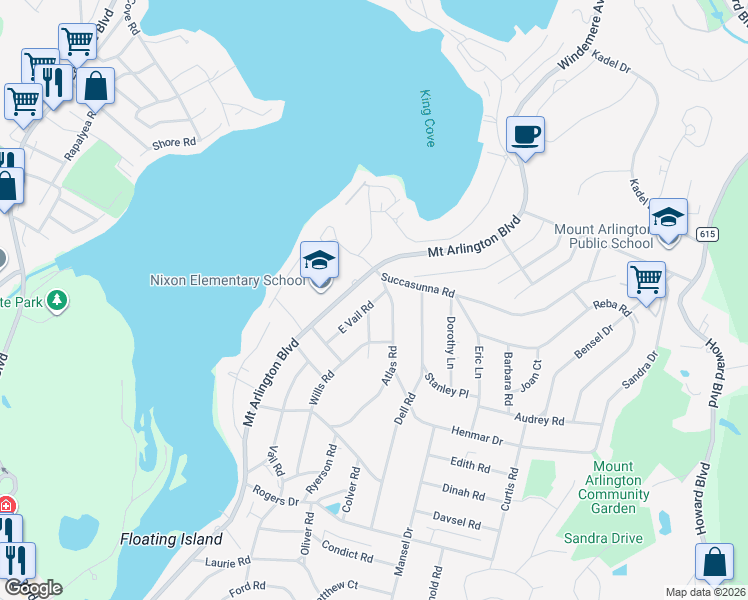 map of restaurants, bars, coffee shops, grocery stores, and more near 290 Mount Arlington Boulevard in Roxbury Township