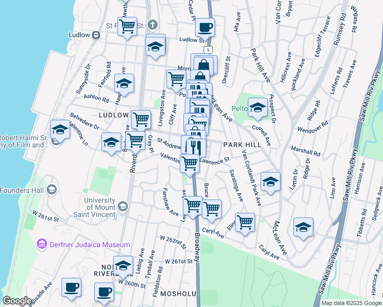 map of restaurants, bars, coffee shops, grocery stores, and more near 15 Saint Andrews Place in Yonkers