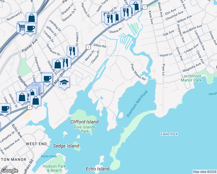 map of restaurants, bars, coffee shops, grocery stores, and more near 131 Emerson Avenue in New Rochelle