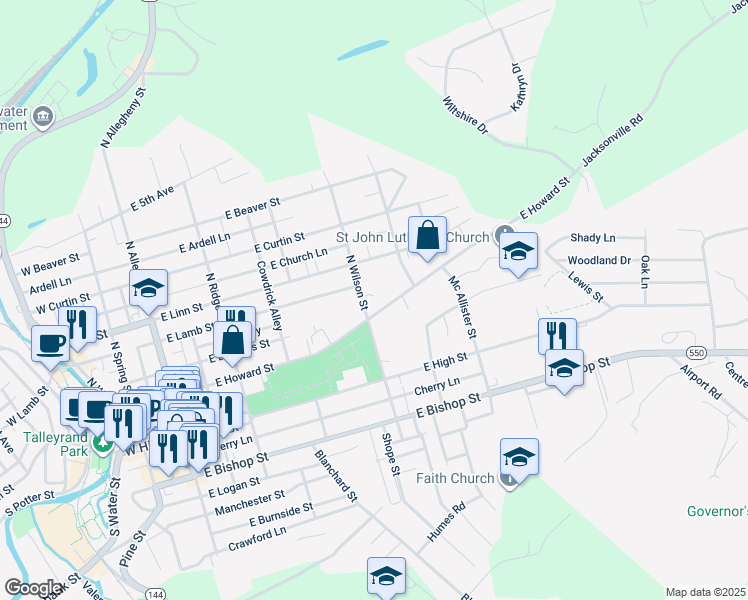 map of restaurants, bars, coffee shops, grocery stores, and more near 465 East Howard Street in Bellefonte