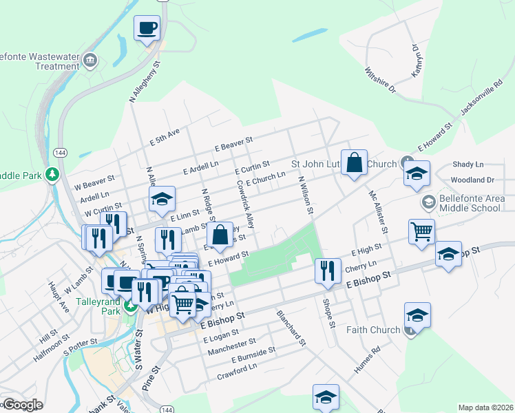map of restaurants, bars, coffee shops, grocery stores, and more near in Bellefonte