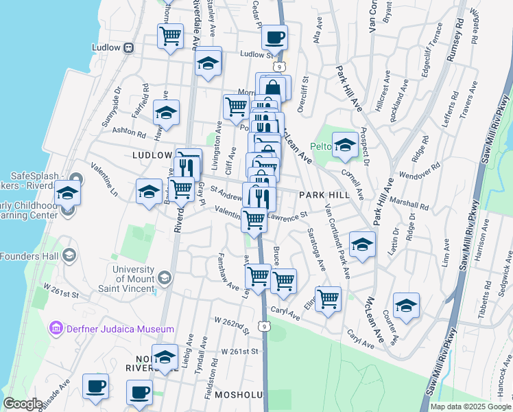 map of restaurants, bars, coffee shops, grocery stores, and more near 487 South Broadway in Yonkers