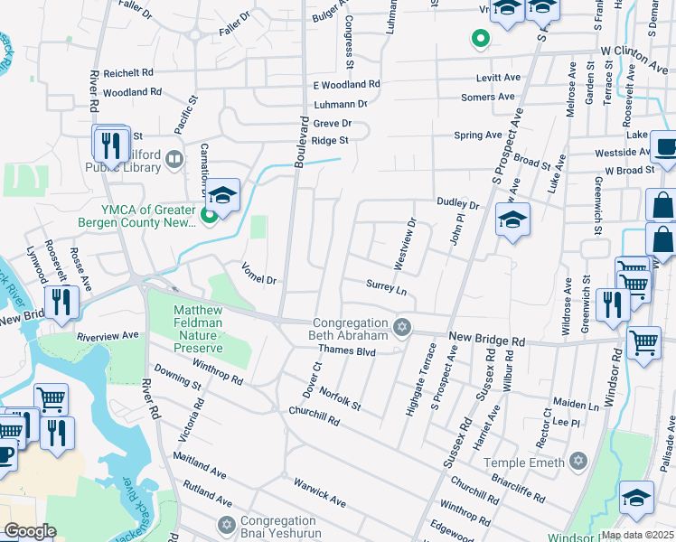 map of restaurants, bars, coffee shops, grocery stores, and more near 74 Cameron Road in Bergenfield