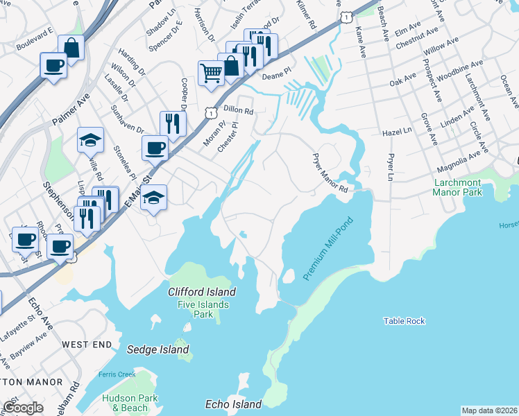 map of restaurants, bars, coffee shops, grocery stores, and more near 131 Emerson Avenue in New Rochelle