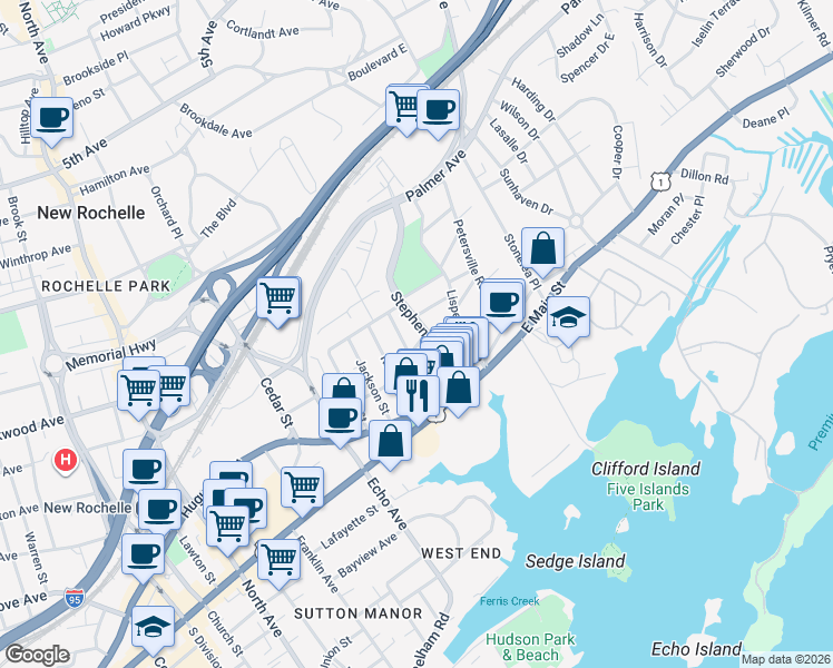 map of restaurants, bars, coffee shops, grocery stores, and more near 15 Hertford Street in New Rochelle
