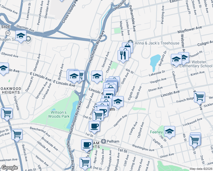 map of restaurants, bars, coffee shops, grocery stores, and more near 401 5th Street in Village of Pelham