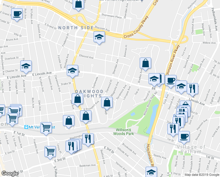 map of restaurants, bars, coffee shops, grocery stores, and more near 45 Darwood Place in Mount Vernon