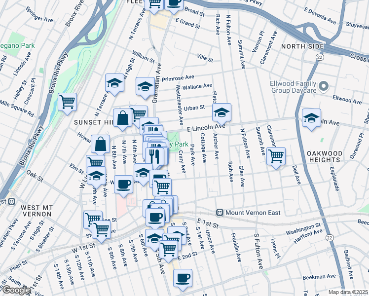 map of restaurants, bars, coffee shops, grocery stores, and more near 170 Park Avenue in Mount Vernon