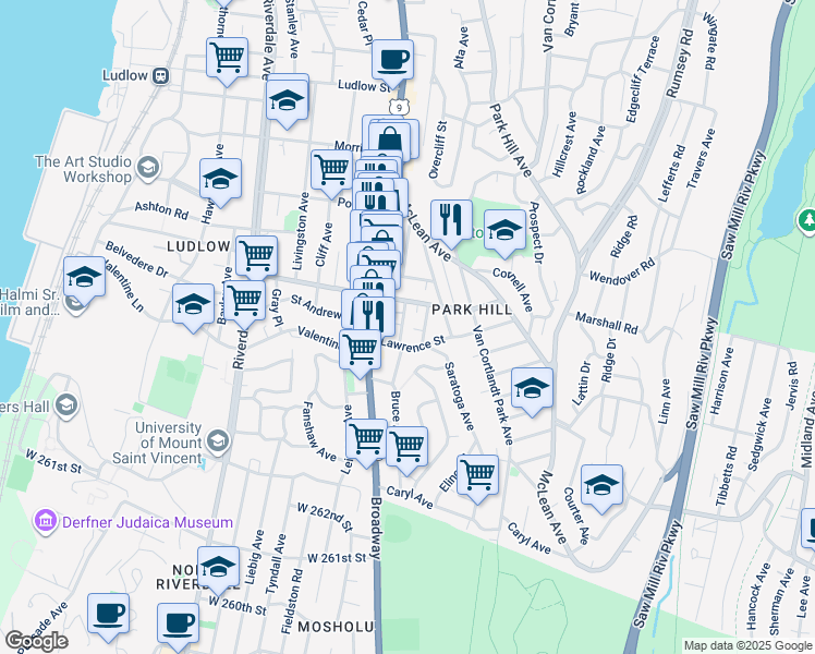 map of restaurants, bars, coffee shops, grocery stores, and more near 68 Radford Street in Yonkers