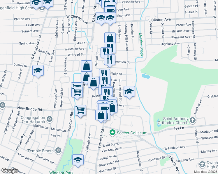 map of restaurants, bars, coffee shops, grocery stores, and more near 16 Lilac Street in Bergenfield