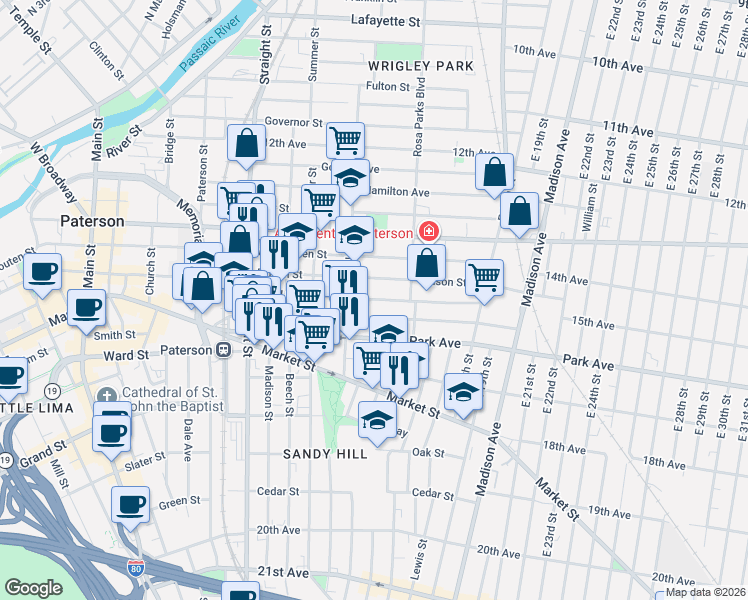 map of restaurants, bars, coffee shops, grocery stores, and more near 354-378 Ellison Street in Paterson