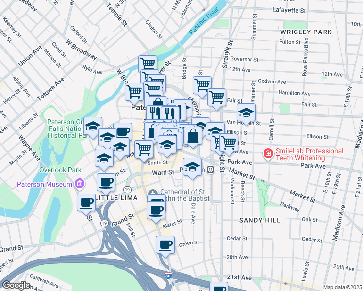 map of restaurants, bars, coffee shops, grocery stores, and more near 44 Church Street in Paterson