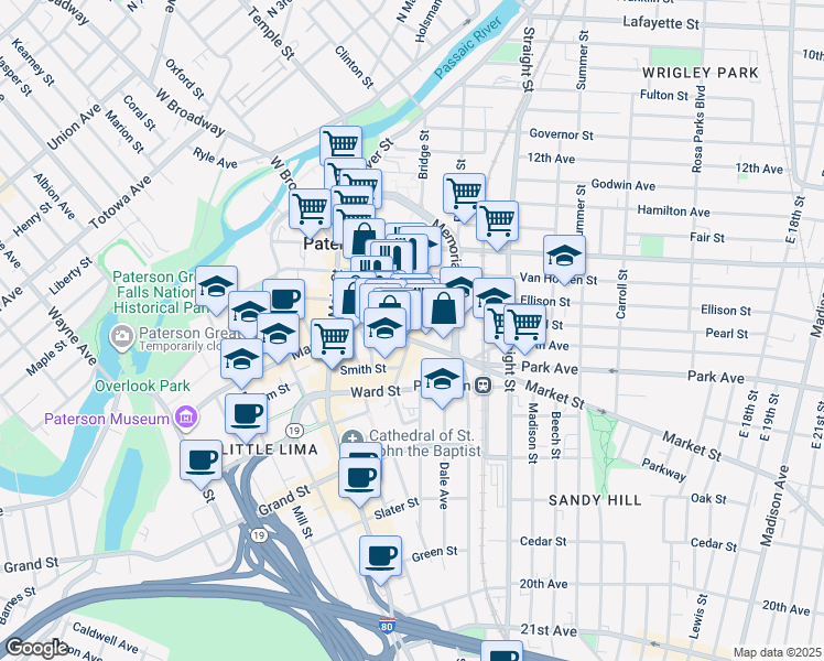 map of restaurants, bars, coffee shops, grocery stores, and more near 44 Church Street in Paterson