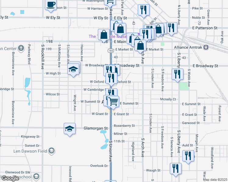 map of restaurants, bars, coffee shops, grocery stores, and more near 526 South Union Avenue in Alliance