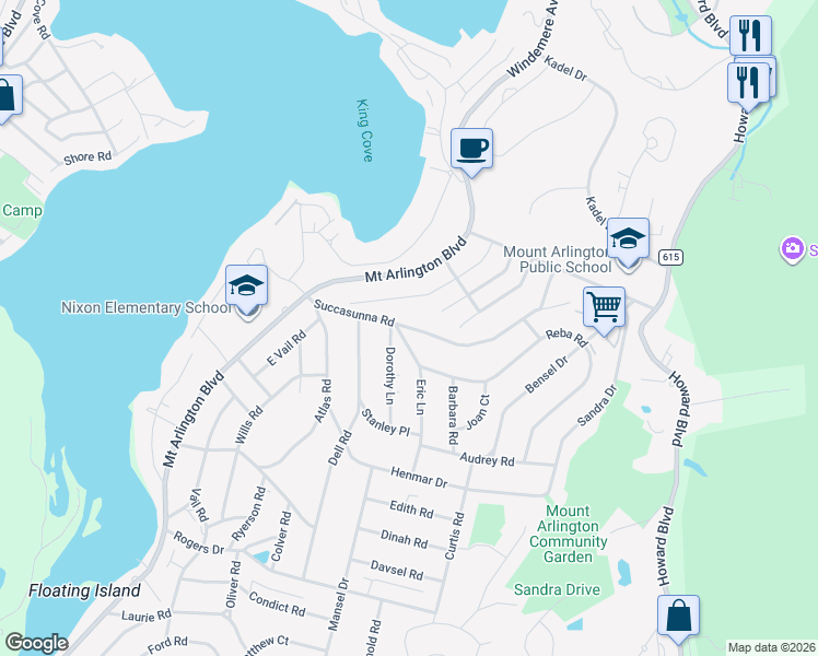 map of restaurants, bars, coffee shops, grocery stores, and more near 36 Iroquois Avenue in Roxbury Township