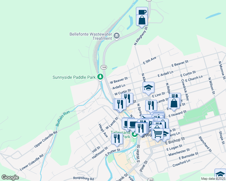 map of restaurants, bars, coffee shops, grocery stores, and more near 280 West Beaver Street in Bellefonte