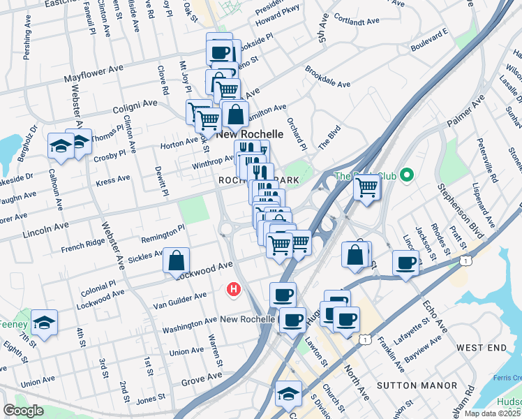 map of restaurants, bars, coffee shops, grocery stores, and more near 420 North Avenue in New Rochelle