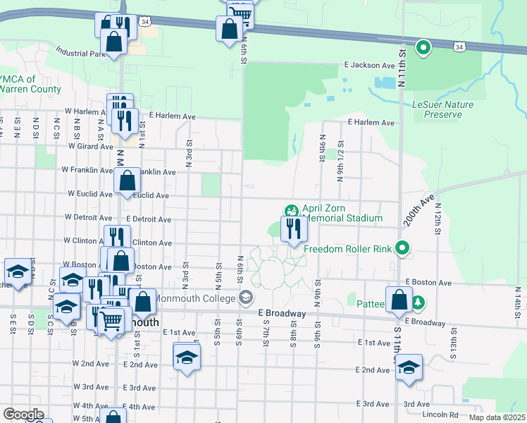 map of restaurants, bars, coffee shops, grocery stores, and more near in Monmouth
