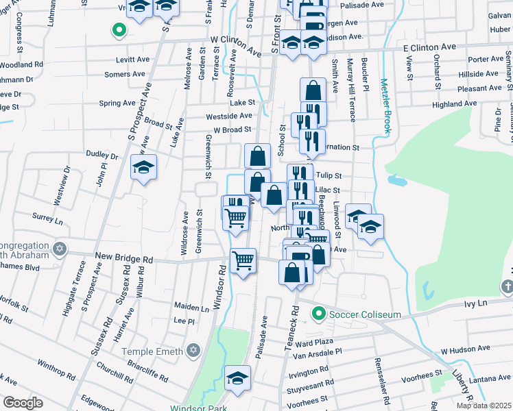 map of restaurants, bars, coffee shops, grocery stores, and more near 140 Woodbine Street in Bergenfield