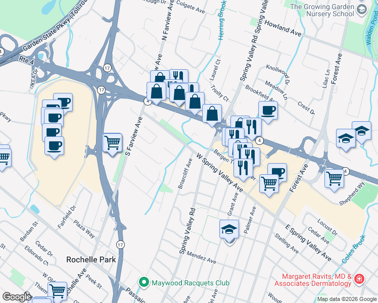map of restaurants, bars, coffee shops, grocery stores, and more near 82 Spring Valley Avenue in Paramus