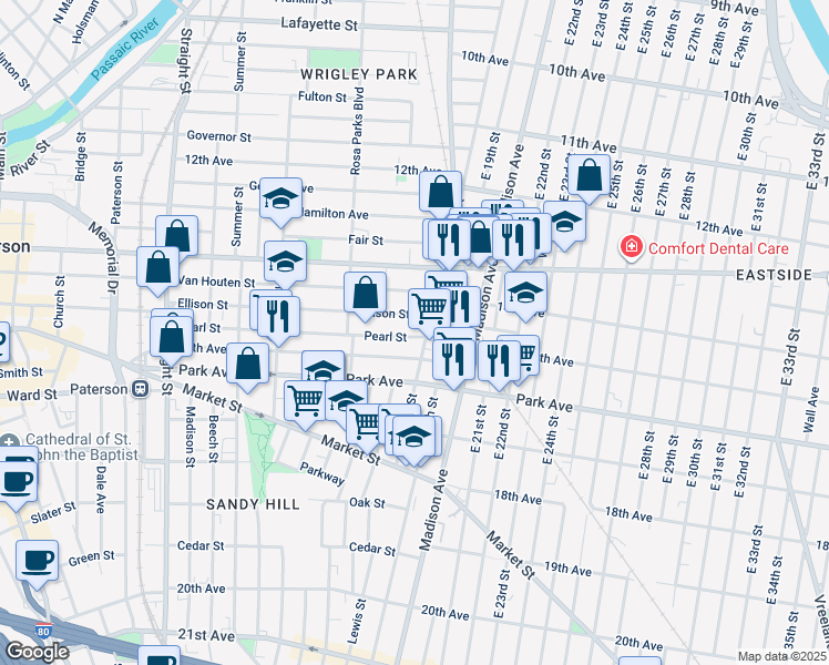 map of restaurants, bars, coffee shops, grocery stores, and more near 201 Pearl Street in Paterson
