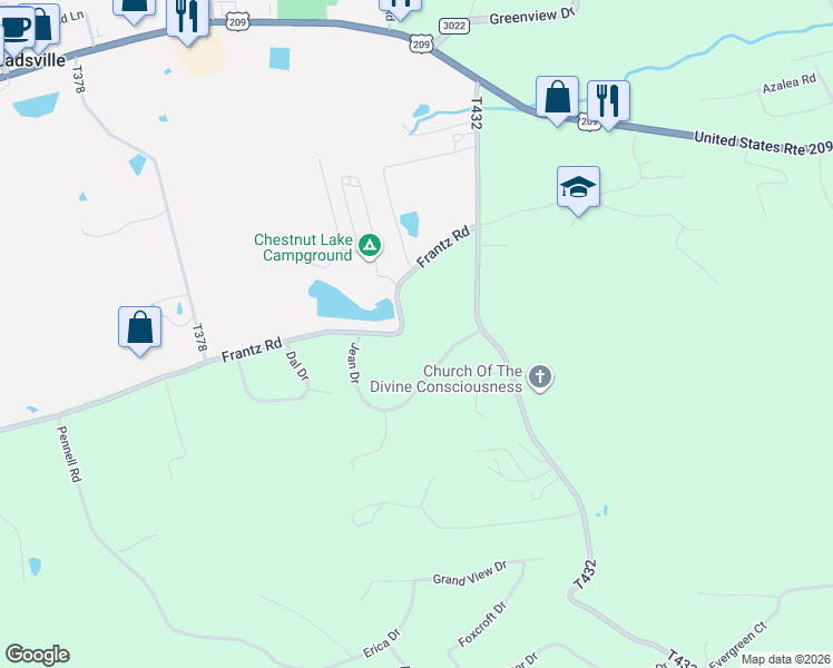 map of restaurants, bars, coffee shops, grocery stores, and more near 546 Frantz Road in Brodheadsville