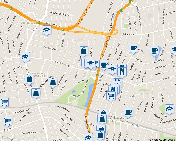 map of restaurants, bars, coffee shops, grocery stores, and more near 84th in Westchester