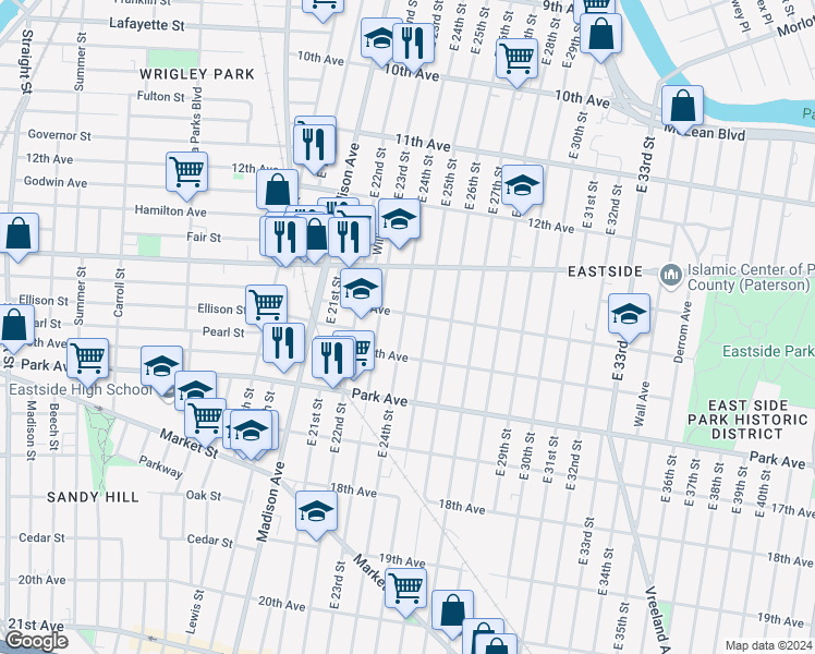 map of restaurants, bars, coffee shops, grocery stores, and more near 695 East 24th Street in Paterson